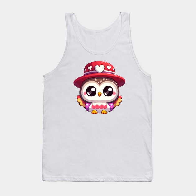 Copy of Cute Kawaii Valentine's Owl with a Hearts Hat Tank Top by Luvleigh